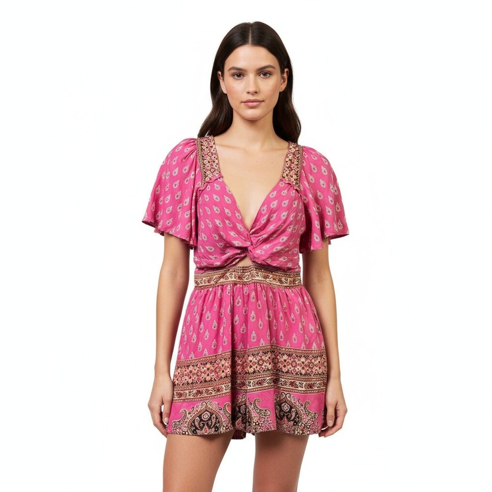 Mi Ami Romper Women M Magenta Paisley Boho Ruffle Sleeve Twist Front Cutout New